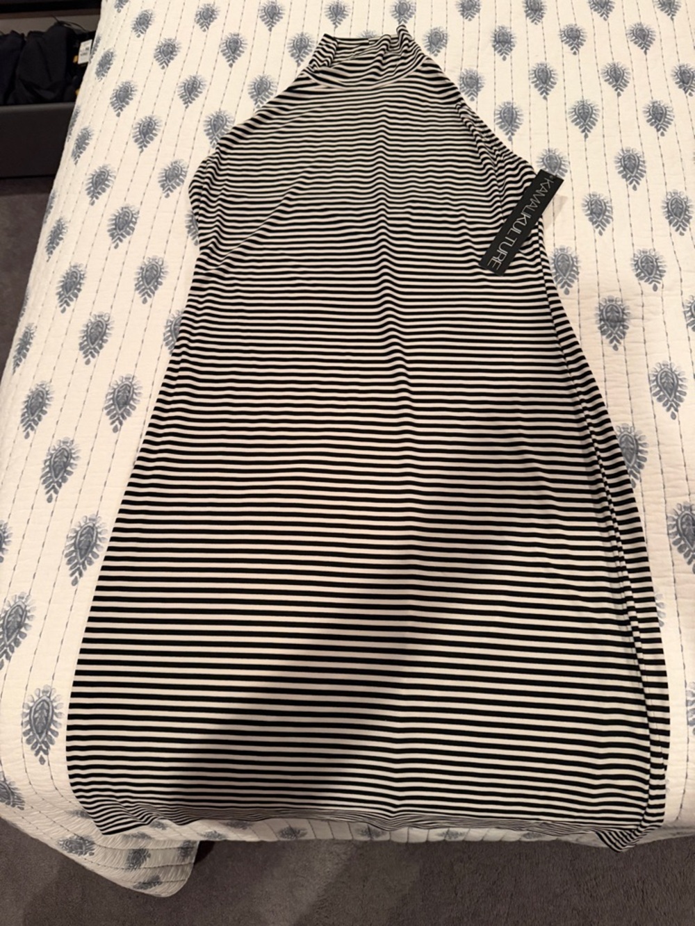Norma Kamali Black and White Striped Halter Turtleneck Dress